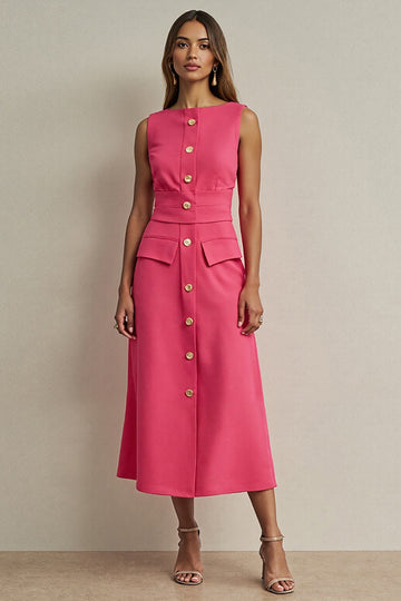 Fuchsia A Line Midi Work Dress with Buttons